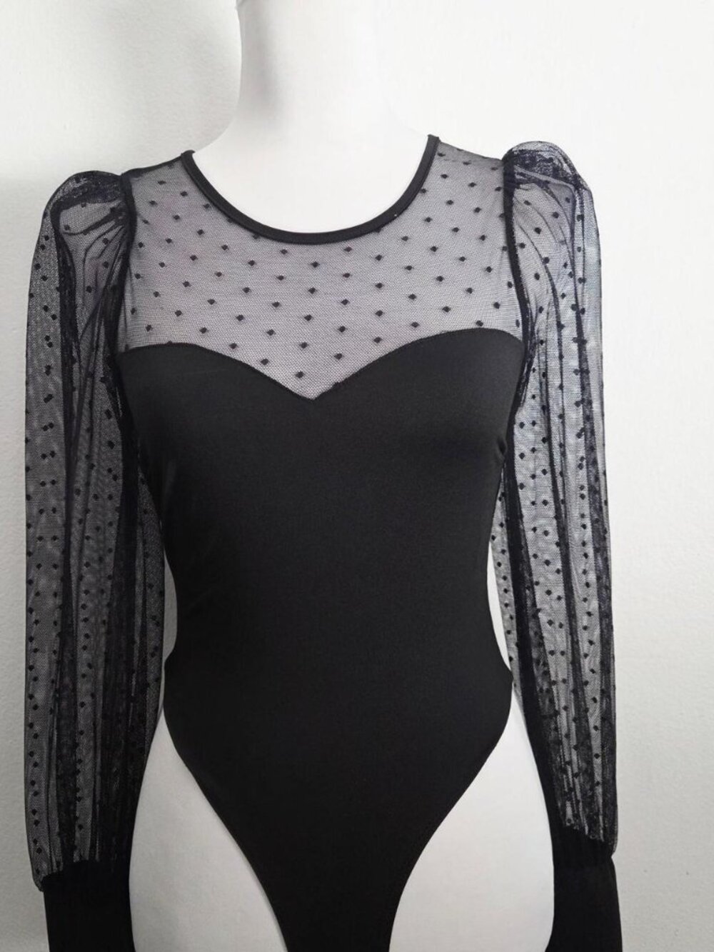Black mesh long sleeve bodysuit with polka dot details Size small Fashion Nova